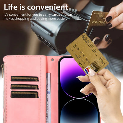 For iPhone 12 / 12 Pro 6.1 inch Zipper Pocket Leather Protective Shell Wallet Stand Phone Case with 9 Card Slots
