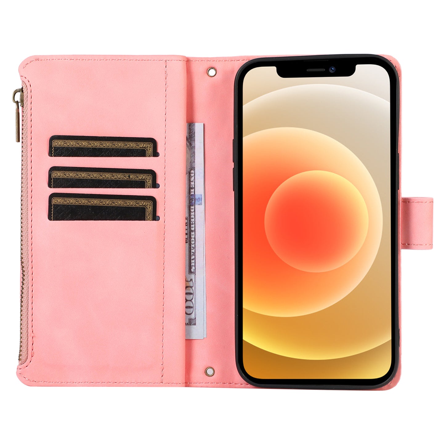 For iPhone 12 / 12 Pro 6.1 inch Zipper Pocket Leather Protective Shell Wallet Stand Phone Case with 9 Card Slots