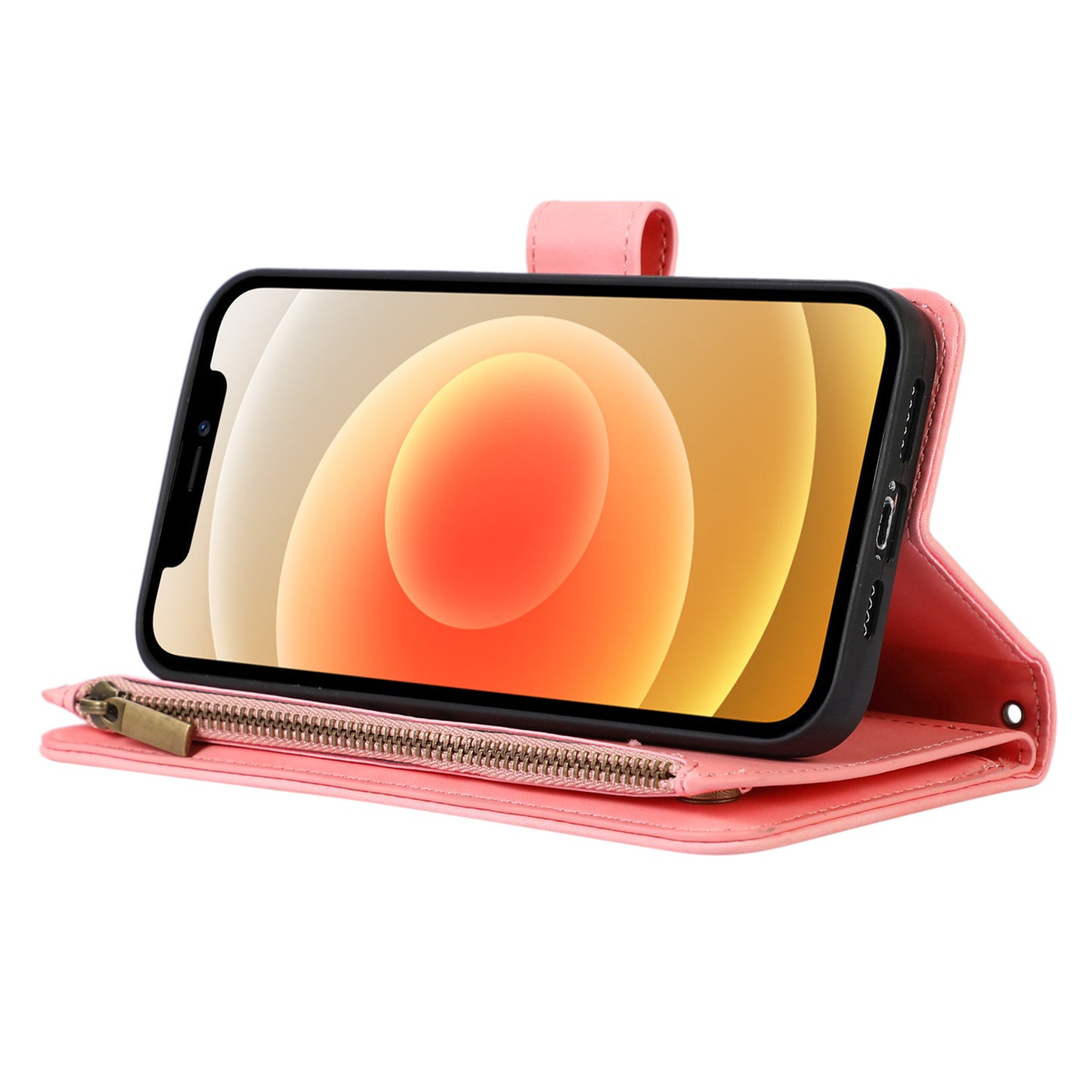 For iPhone 12 / 12 Pro 6.1 inch Zipper Pocket Leather Protective Shell Wallet Stand Phone Case with 9 Card Slots