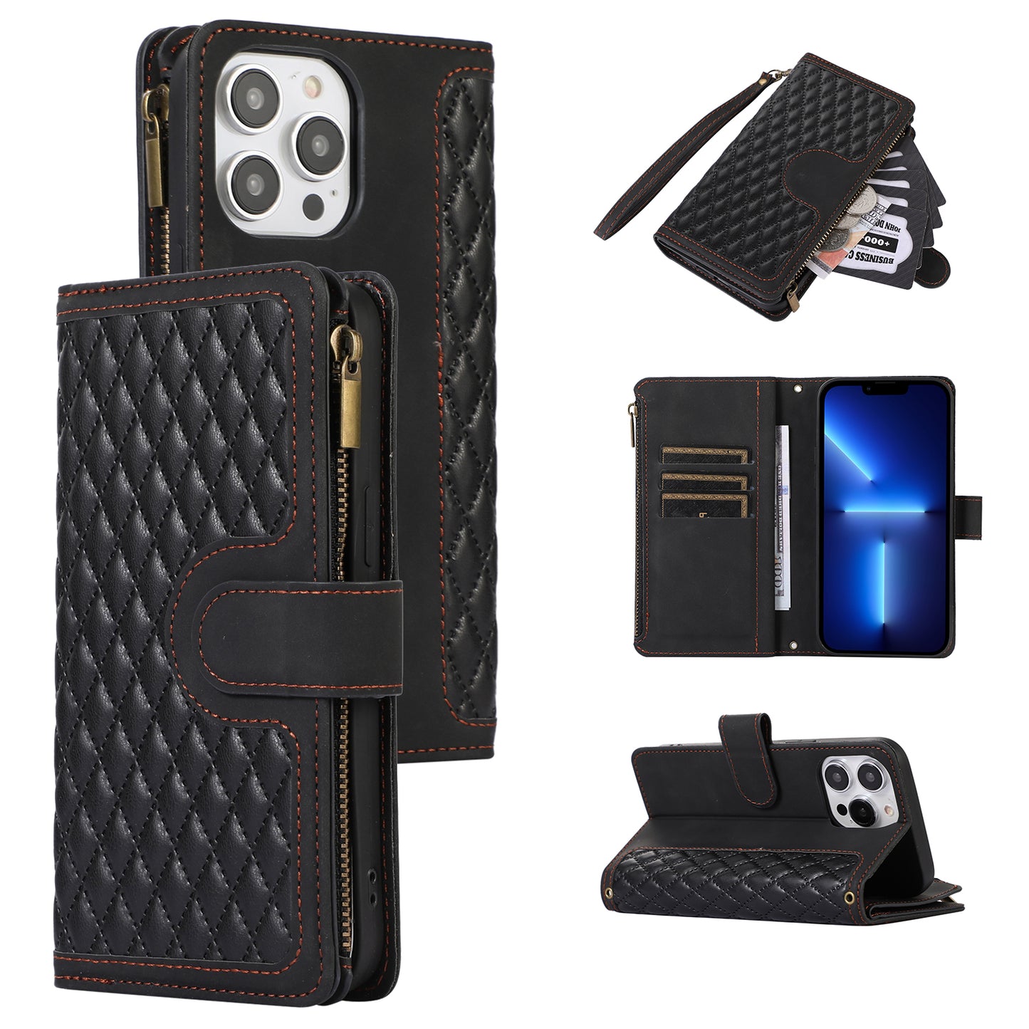 For iPhone 13 Pro 6.1 inch Leather Card Holder Phone Case Rhombus Imprint Zipper Pocket Wallet Stand Cover