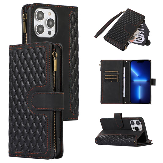 For iPhone 13 Pro 6.1 inch Leather Card Holder Phone Case Rhombus Imprint Zipper Pocket Wallet Stand Cover