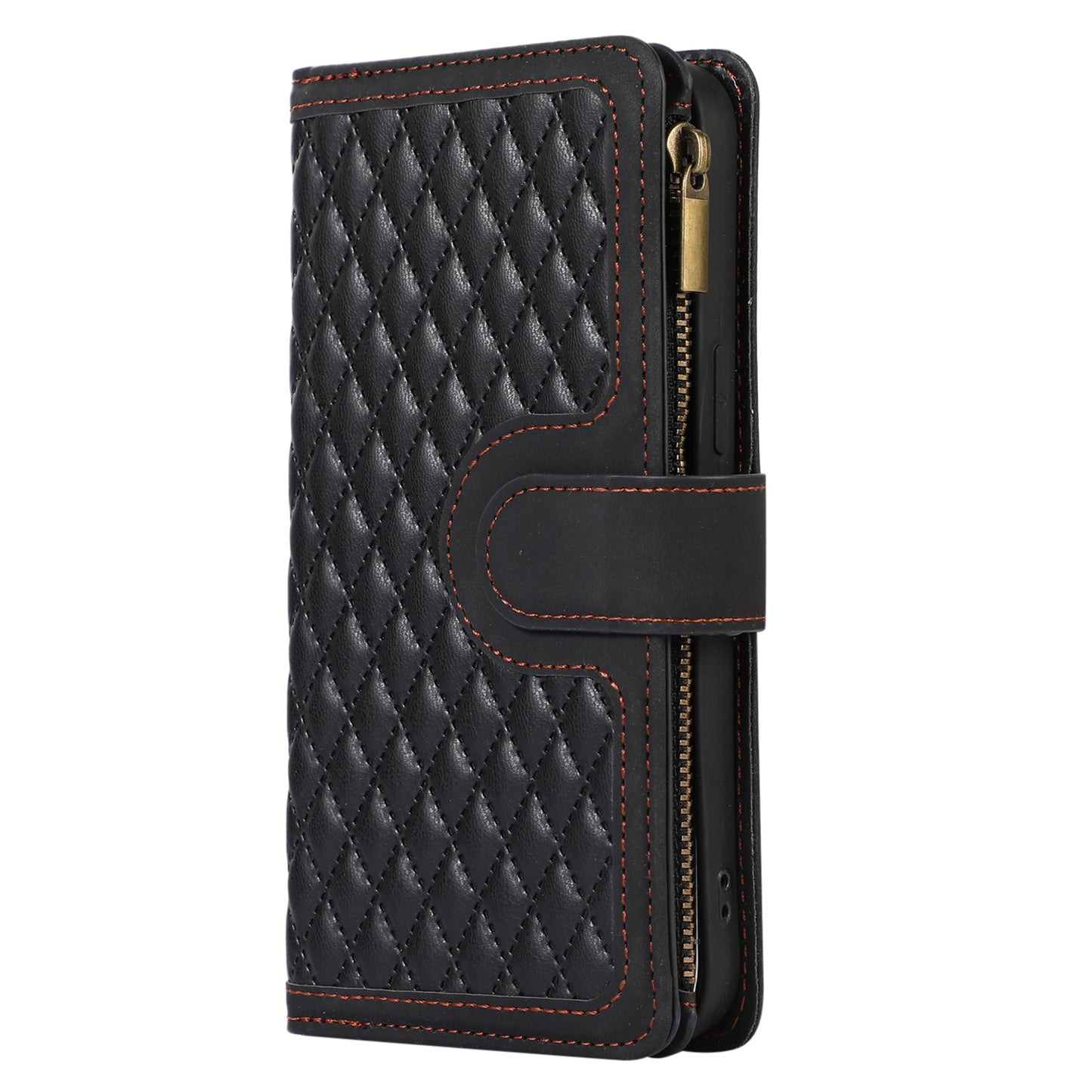 For iPhone 13 Pro 6.1 inch Leather Card Holder Phone Case Rhombus Imprint Zipper Pocket Wallet Stand Cover