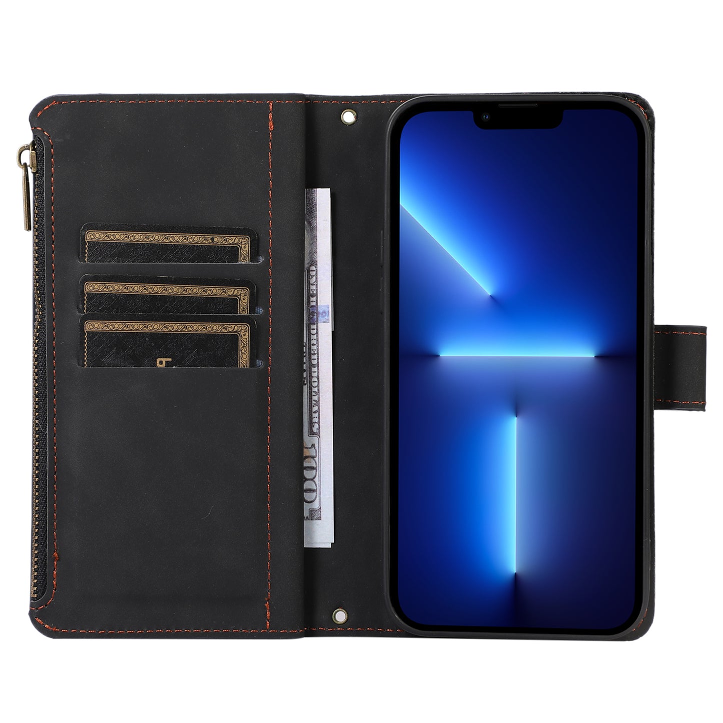 For iPhone 13 Pro 6.1 inch Leather Card Holder Phone Case Rhombus Imprint Zipper Pocket Wallet Stand Cover