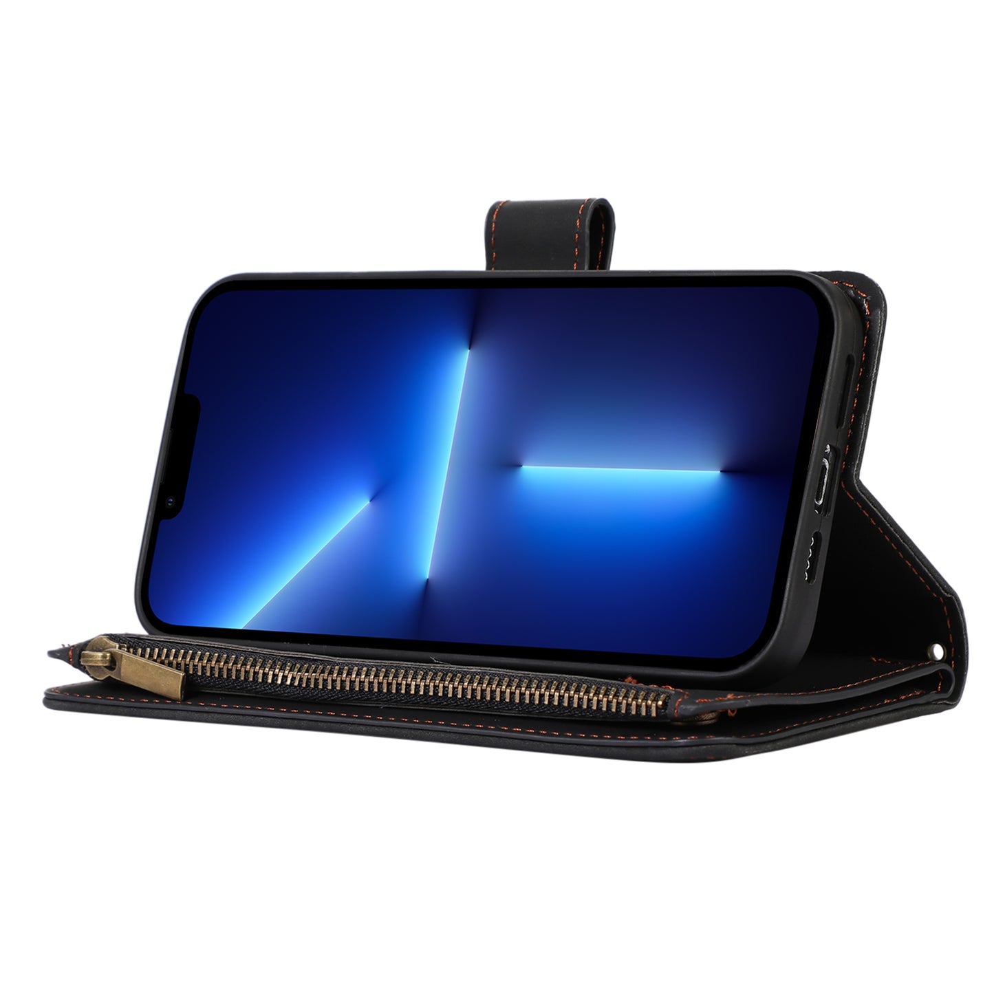 For iPhone 13 Pro 6.1 inch Leather Card Holder Phone Case Rhombus Imprint Zipper Pocket Wallet Stand Cover