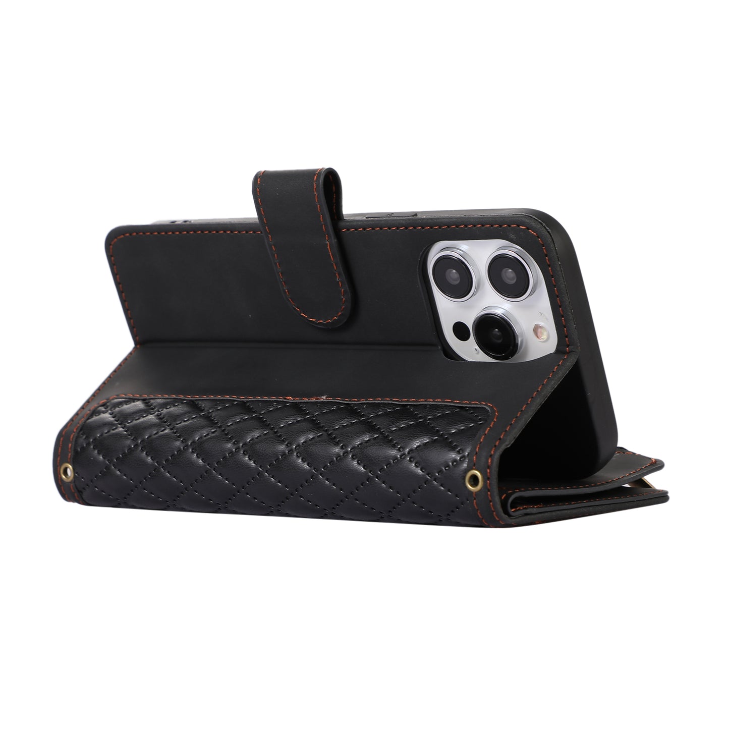 For iPhone 13 Pro 6.1 inch Leather Card Holder Phone Case Rhombus Imprint Zipper Pocket Wallet Stand Cover