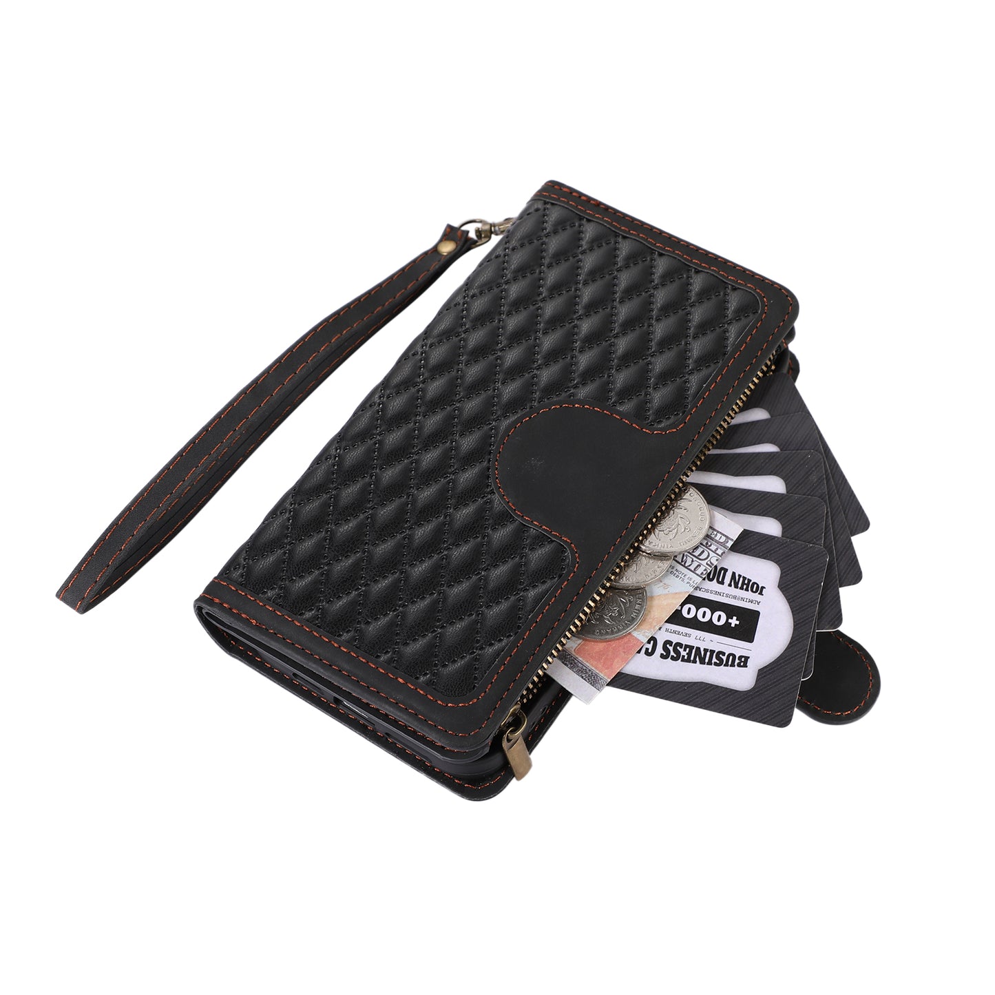 For iPhone 13 Pro 6.1 inch Leather Card Holder Phone Case Rhombus Imprint Zipper Pocket Wallet Stand Cover