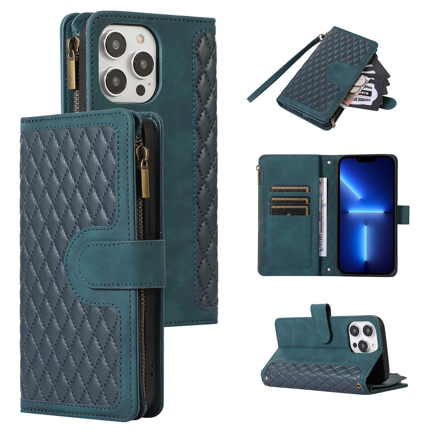 For iPhone 13 Pro 6.1 inch Leather Card Holder Phone Case Rhombus Imprint Zipper Pocket Wallet Stand Cover