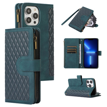 For iPhone 13 Pro 6.1 inch Leather Card Holder Phone Case Rhombus Imprint Zipper Pocket Wallet Stand Cover