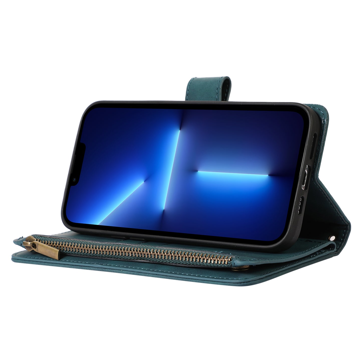 For iPhone 13 Pro 6.1 inch Leather Card Holder Phone Case Rhombus Imprint Zipper Pocket Wallet Stand Cover