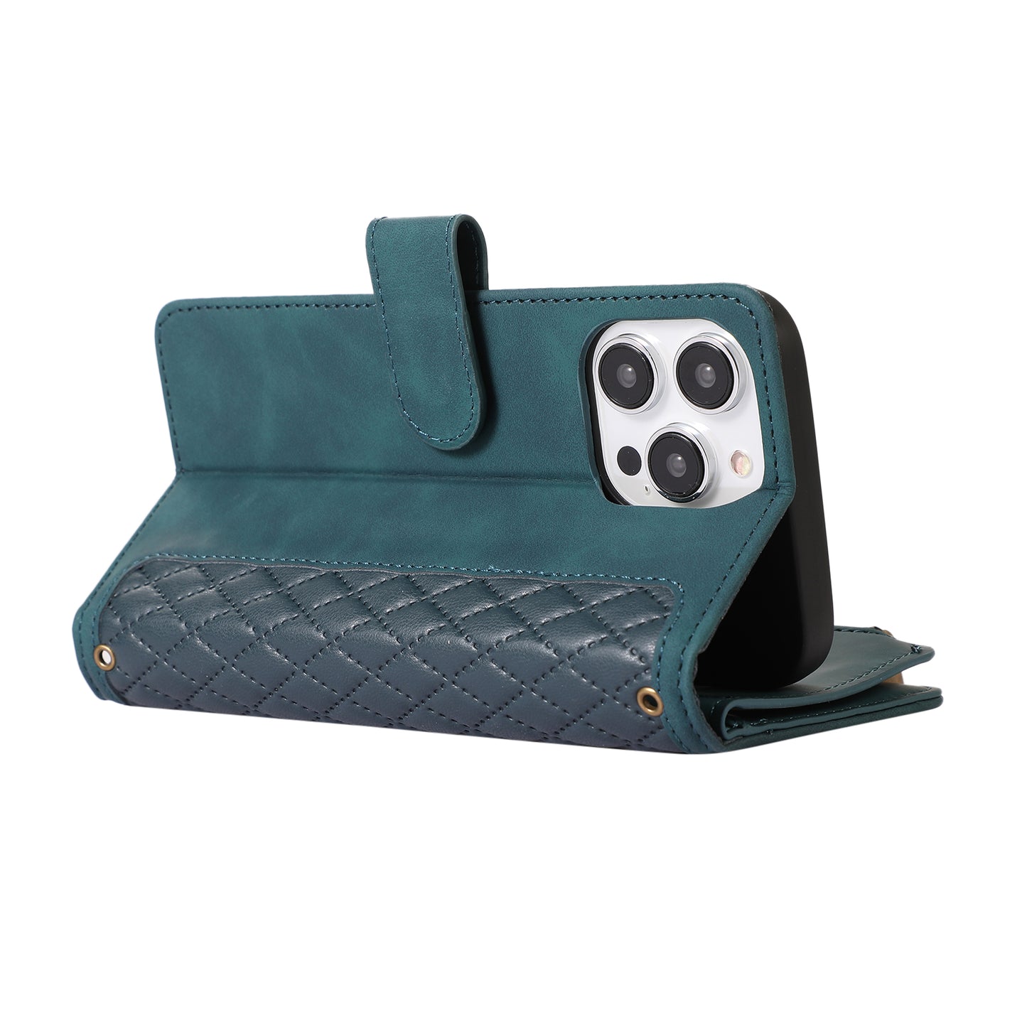 For iPhone 13 Pro 6.1 inch Leather Card Holder Phone Case Rhombus Imprint Zipper Pocket Wallet Stand Cover