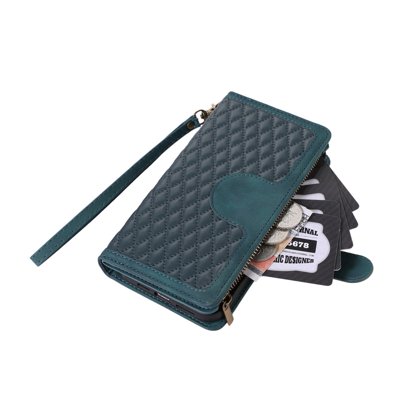 For iPhone 13 Pro 6.1 inch Leather Card Holder Phone Case Rhombus Imprint Zipper Pocket Wallet Stand Cover