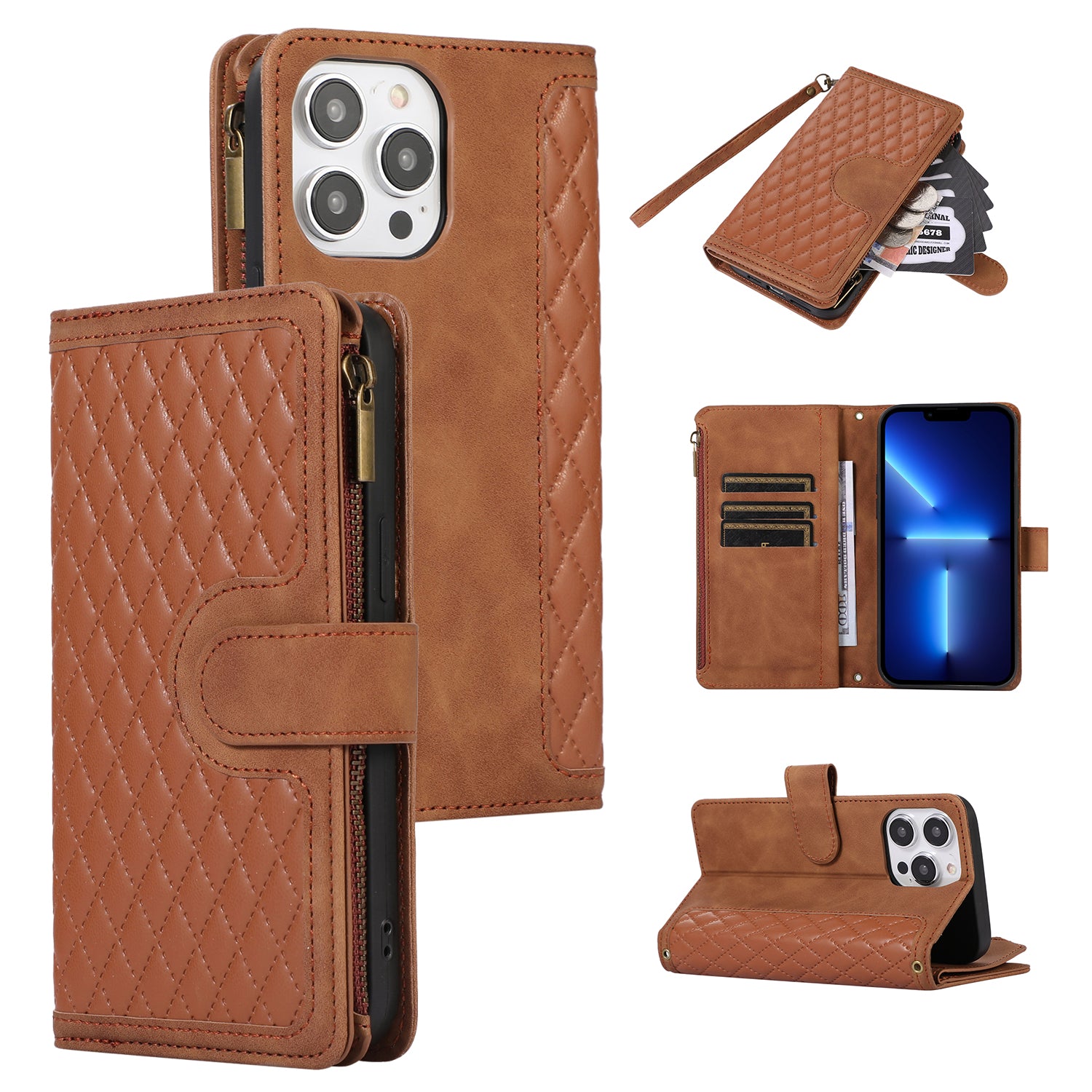 For iPhone 13 Pro 6.1 inch Leather Card Holder Phone Case Rhombus Imprint Zipper Pocket Wallet Stand Cover