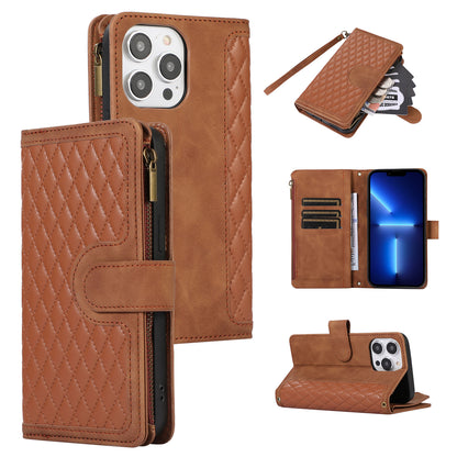For iPhone 13 Pro 6.1 inch Leather Card Holder Phone Case Rhombus Imprint Zipper Pocket Wallet Stand Cover