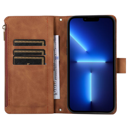 For iPhone 13 Pro 6.1 inch Leather Card Holder Phone Case Rhombus Imprint Zipper Pocket Wallet Stand Cover