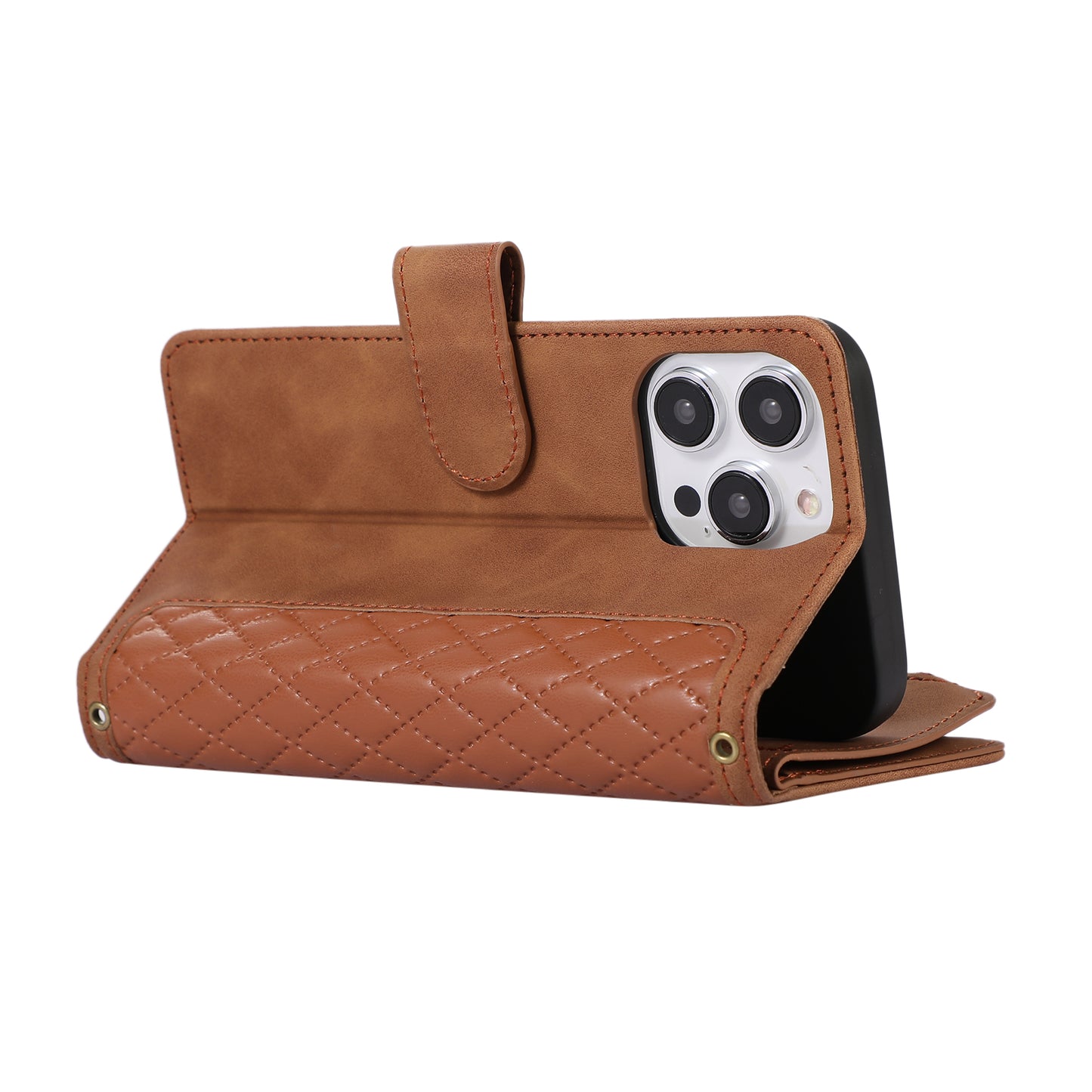 For iPhone 13 Pro 6.1 inch Leather Card Holder Phone Case Rhombus Imprint Zipper Pocket Wallet Stand Cover