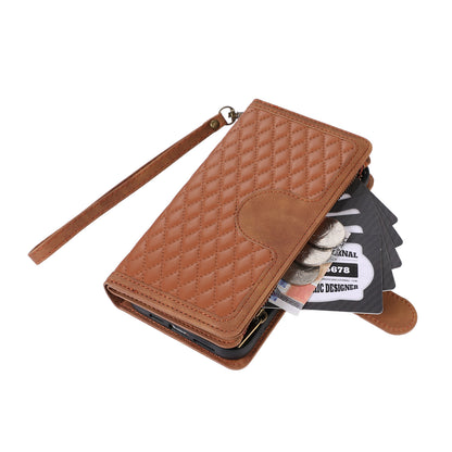 For iPhone 13 Pro 6.1 inch Leather Card Holder Phone Case Rhombus Imprint Zipper Pocket Wallet Stand Cover