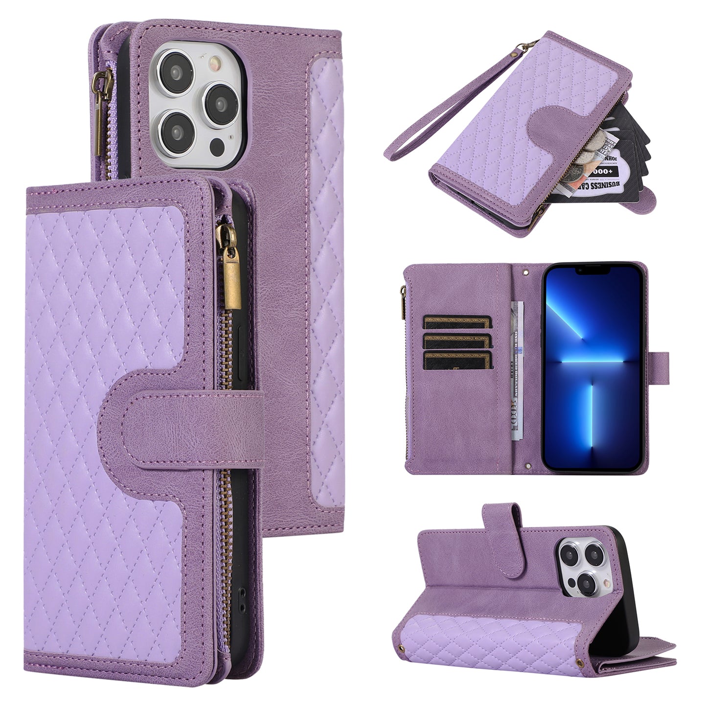 For iPhone 13 Pro 6.1 inch Leather Card Holder Phone Case Rhombus Imprint Zipper Pocket Wallet Stand Cover