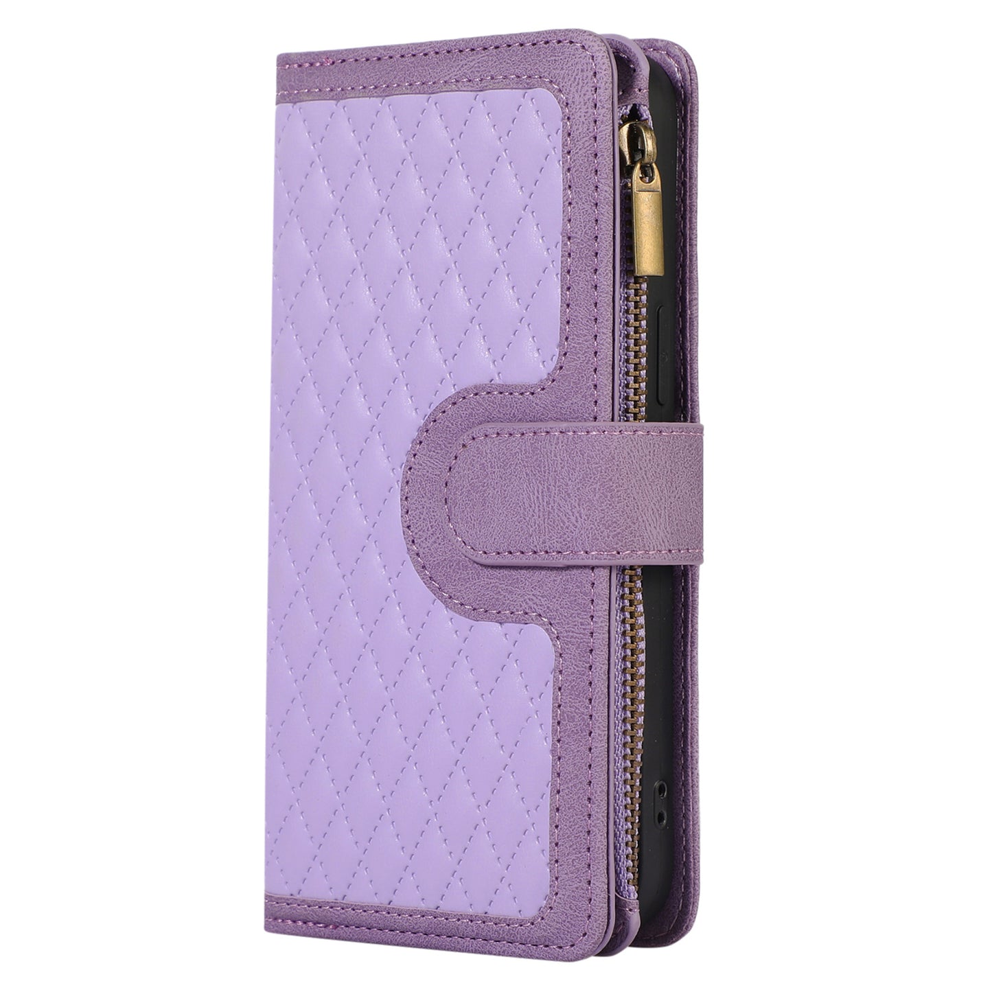 For iPhone 13 Pro 6.1 inch Leather Card Holder Phone Case Rhombus Imprint Zipper Pocket Wallet Stand Cover