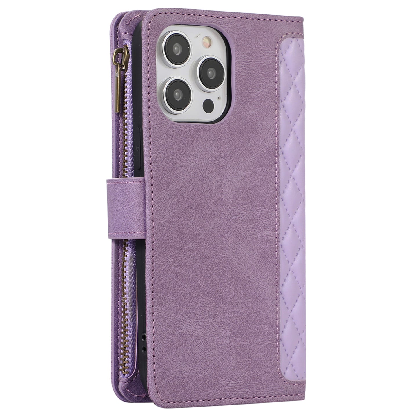 For iPhone 13 Pro 6.1 inch Leather Card Holder Phone Case Rhombus Imprint Zipper Pocket Wallet Stand Cover