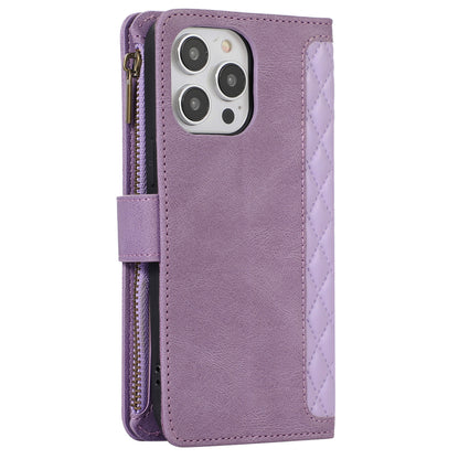 For iPhone 13 Pro 6.1 inch Leather Card Holder Phone Case Rhombus Imprint Zipper Pocket Wallet Stand Cover