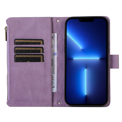 For iPhone 13 Pro 6.1 inch Leather Card Holder Phone Case Rhombus Imprint Zipper Pocket Wallet Stand Cover