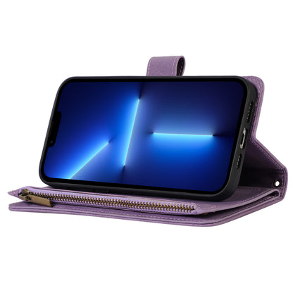 For iPhone 13 Pro 6.1 inch Leather Card Holder Phone Case Rhombus Imprint Zipper Pocket Wallet Stand Cover