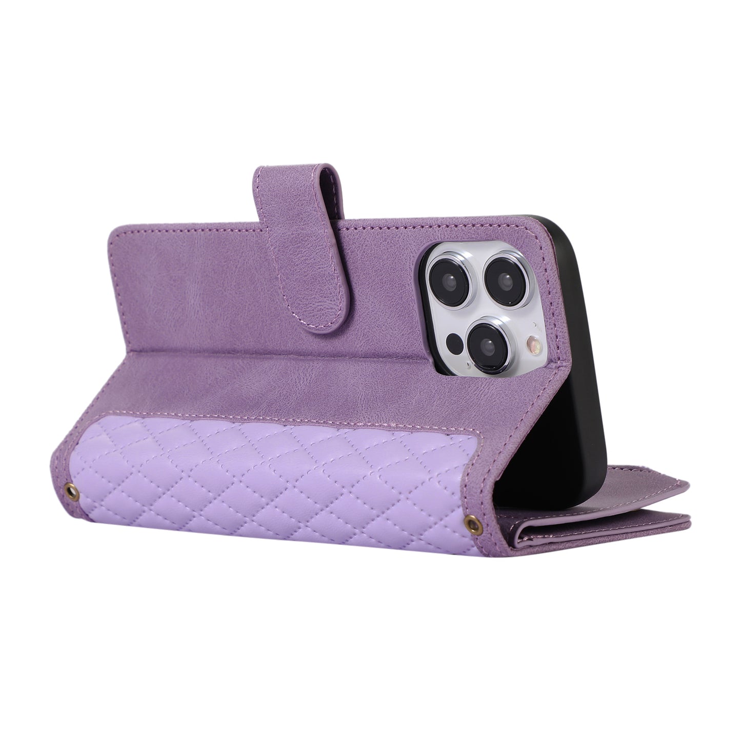 For iPhone 13 Pro 6.1 inch Leather Card Holder Phone Case Rhombus Imprint Zipper Pocket Wallet Stand Cover