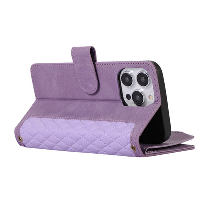 For iPhone 13 Pro 6.1 inch Leather Card Holder Phone Case Rhombus Imprint Zipper Pocket Wallet Stand Cover