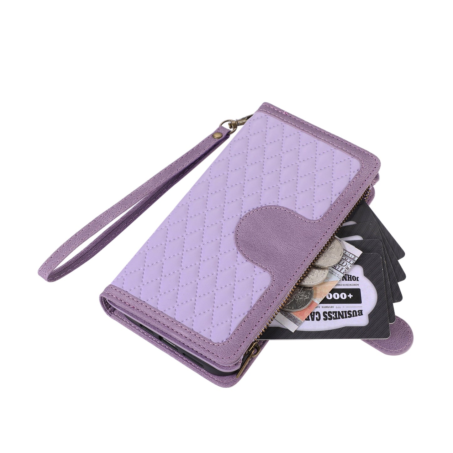 For iPhone 13 Pro 6.1 inch Leather Card Holder Phone Case Rhombus Imprint Zipper Pocket Wallet Stand Cover