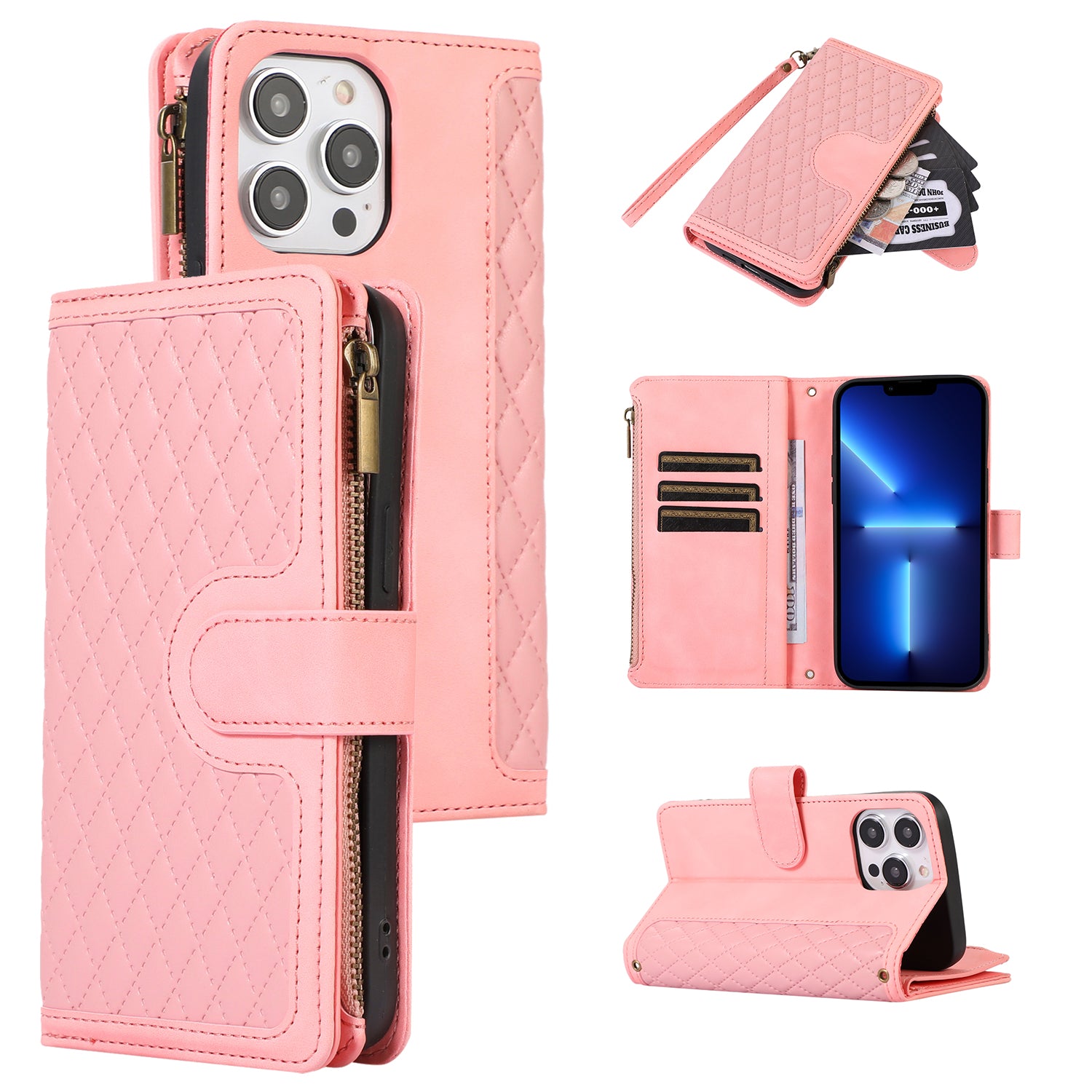 For iPhone 13 Pro 6.1 inch Leather Card Holder Phone Case Rhombus Imprint Zipper Pocket Wallet Stand Cover