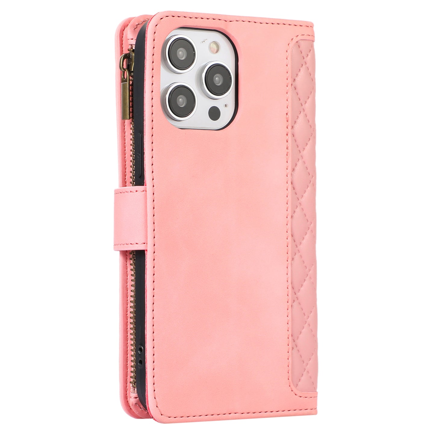 For iPhone 13 Pro 6.1 inch Leather Card Holder Phone Case Rhombus Imprint Zipper Pocket Wallet Stand Cover
