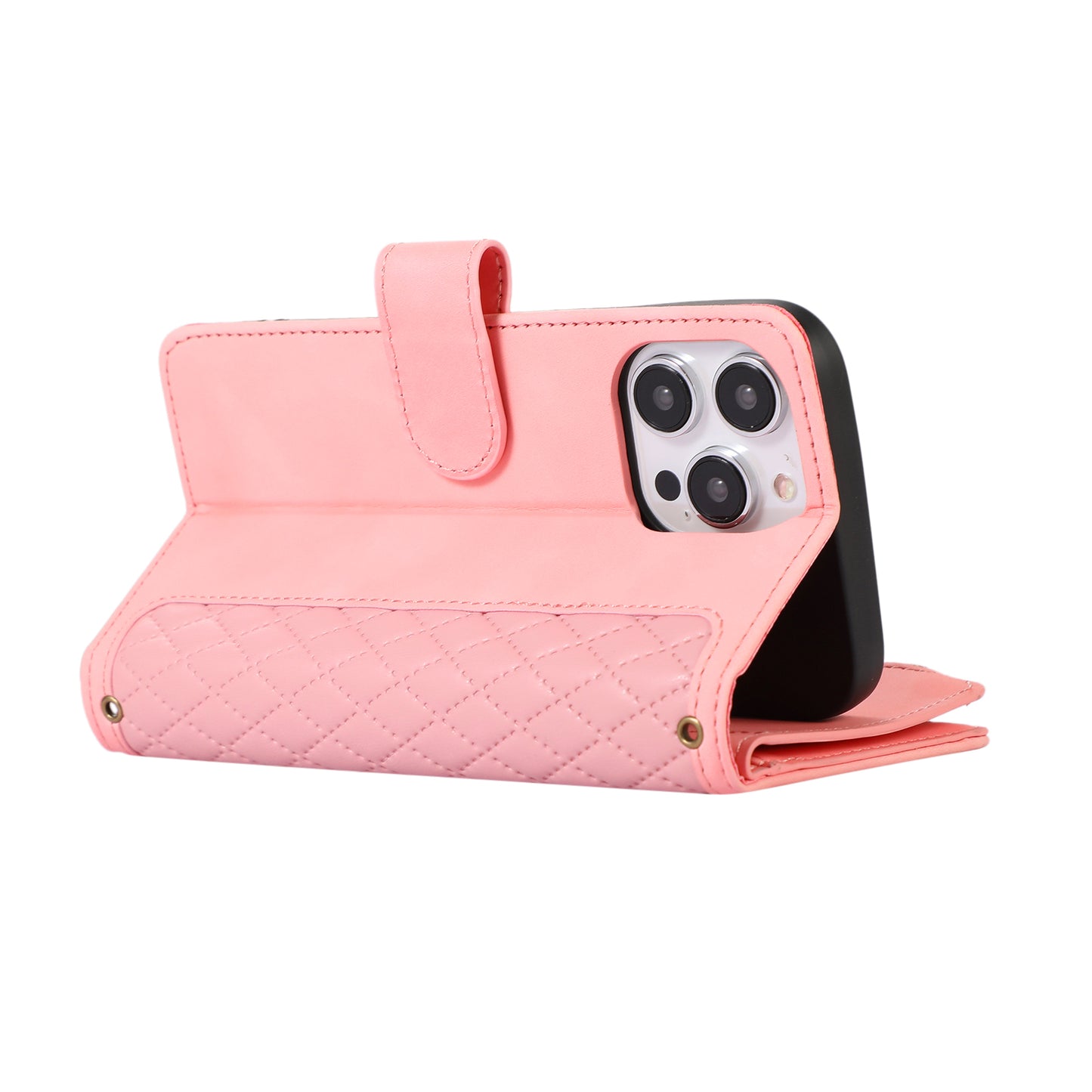 For iPhone 13 Pro 6.1 inch Leather Card Holder Phone Case Rhombus Imprint Zipper Pocket Wallet Stand Cover