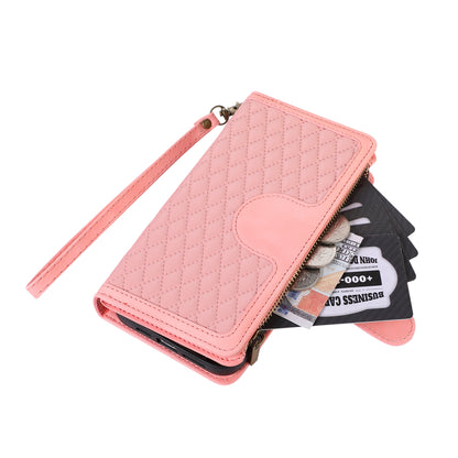 For iPhone 13 Pro 6.1 inch Leather Card Holder Phone Case Rhombus Imprint Zipper Pocket Wallet Stand Cover