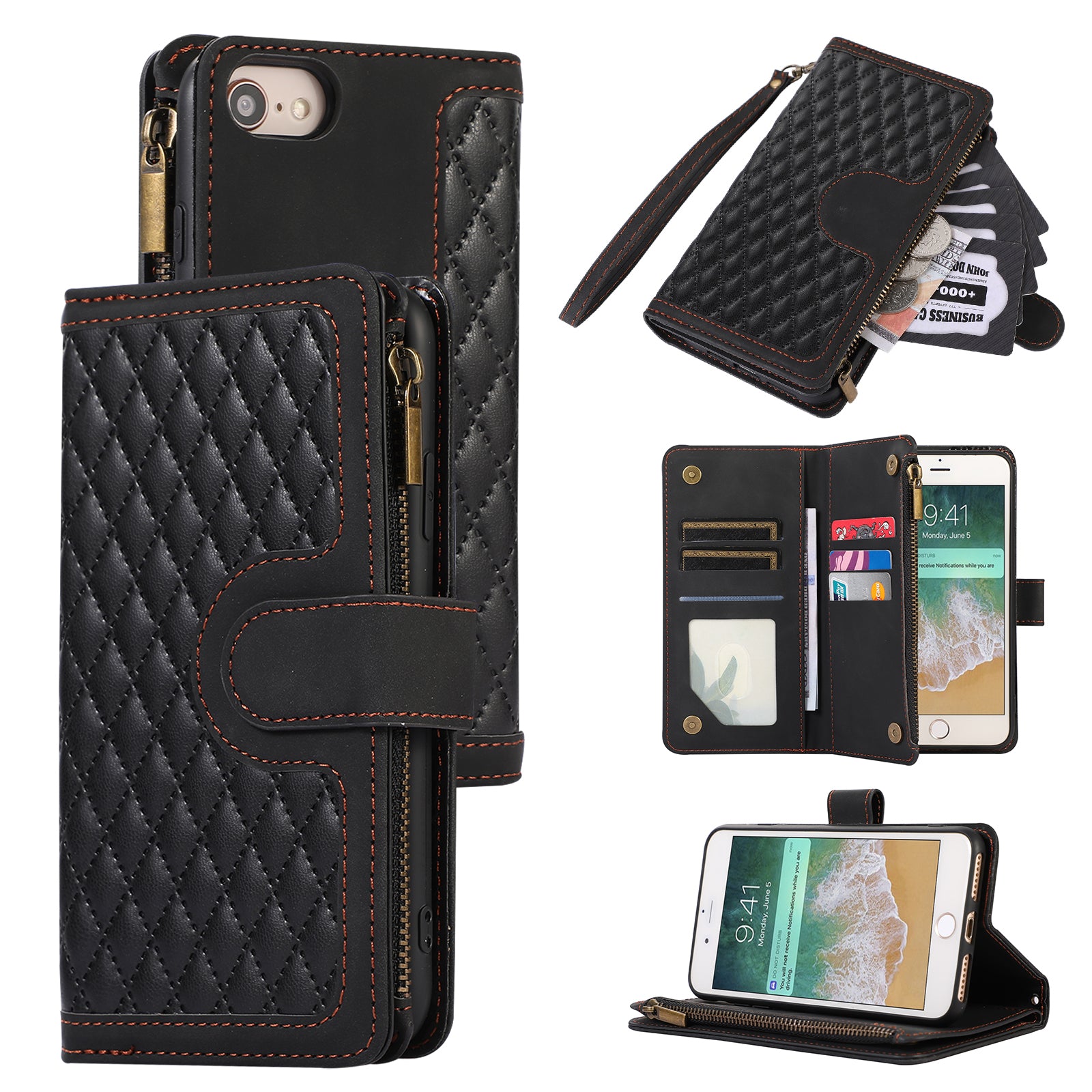For iPhone 7 / 8 4.7 inch / SE (2022) / (2020) Imprinted Phone Case 9 Card Slots Leather Wallet Stand Cover with Zipper Pocket