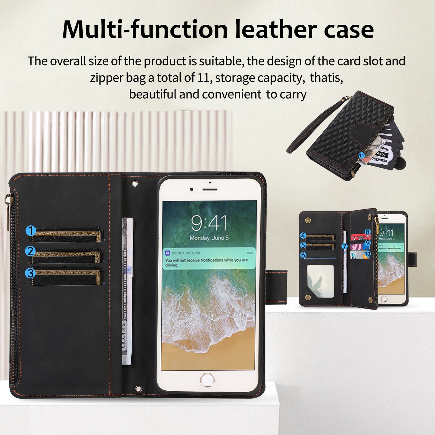 For iPhone 7 / 8 4.7 inch / SE (2022) / (2020) Imprinted Phone Case 9 Card Slots Leather Wallet Stand Cover with Zipper Pocket