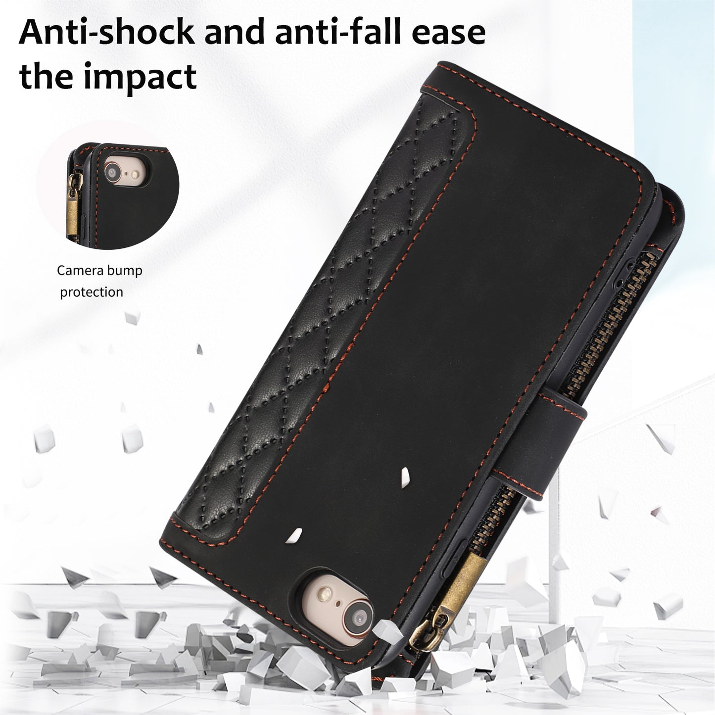 For iPhone 7 / 8 4.7 inch / SE (2022) / (2020) Imprinted Phone Case 9 Card Slots Leather Wallet Stand Cover with Zipper Pocket