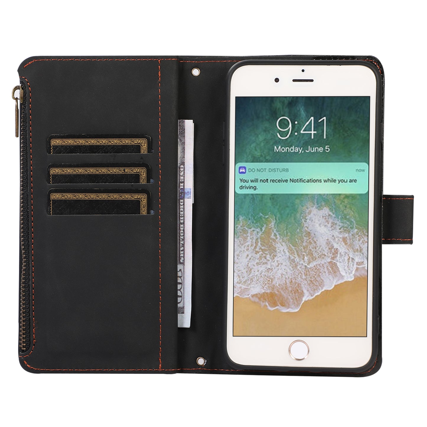 For iPhone 7 / 8 4.7 inch / SE (2022) / (2020) Imprinted Phone Case 9 Card Slots Leather Wallet Stand Cover with Zipper Pocket