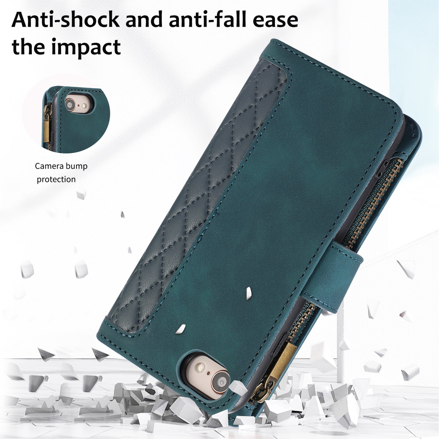 For iPhone 7 / 8 4.7 inch / SE (2022) / (2020) Imprinted Phone Case 9 Card Slots Leather Wallet Stand Cover with Zipper Pocket