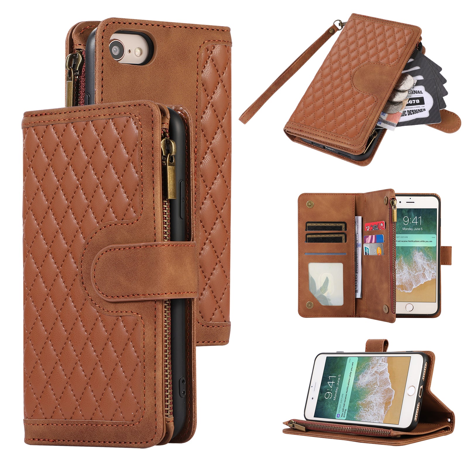 For iPhone 7 / 8 4.7 inch / SE (2022) / (2020) Imprinted Phone Case 9 Card Slots Leather Wallet Stand Cover with Zipper Pocket