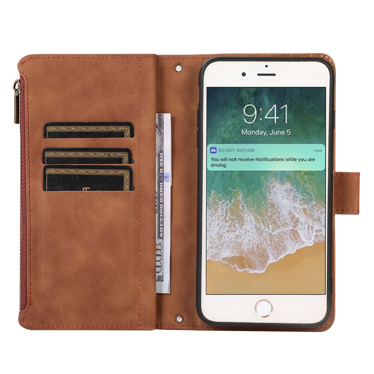 For iPhone 7 / 8 4.7 inch / SE (2022) / (2020) Imprinted Phone Case 9 Card Slots Leather Wallet Stand Cover with Zipper Pocket