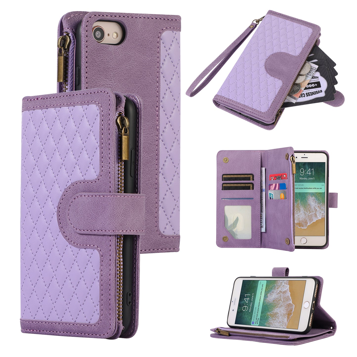 For iPhone 7 / 8 4.7 inch / SE (2022) / (2020) Imprinted Phone Case 9 Card Slots Leather Wallet Stand Cover with Zipper Pocket