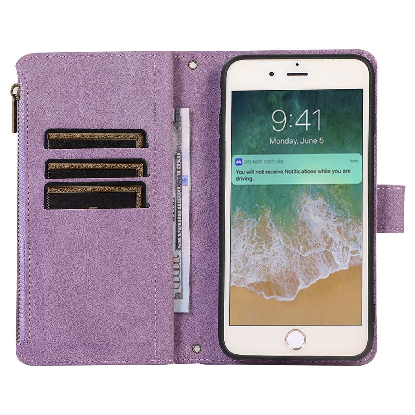 For iPhone 7 / 8 4.7 inch / SE (2022) / (2020) Imprinted Phone Case 9 Card Slots Leather Wallet Stand Cover with Zipper Pocket