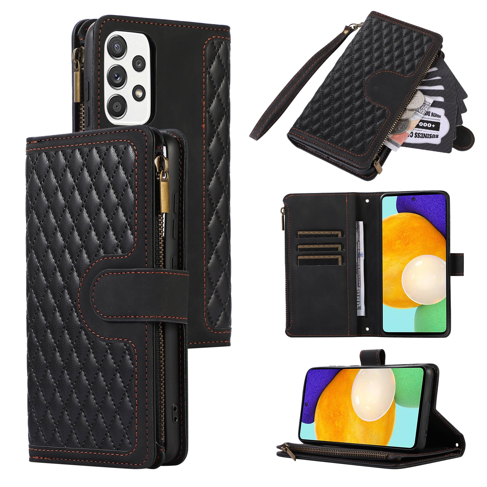 For Samsung Galaxy A32 4G (EU Version) Rhombus Imprint Zipper Pocket Wallet Phone Case Leather Card Holder Stand Cover