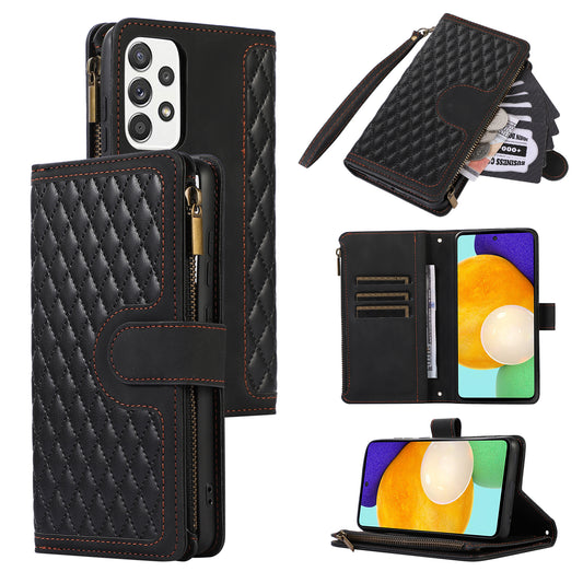 For Samsung Galaxy A32 4G (EU Version) Rhombus Imprint Zipper Pocket Wallet Phone Case Leather Card Holder Stand Cover