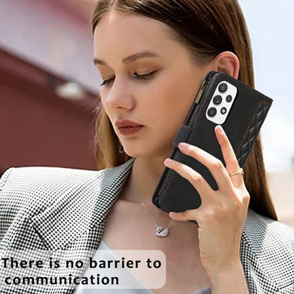 For Samsung Galaxy A32 4G (EU Version) Rhombus Imprint Zipper Pocket Wallet Phone Case Leather Card Holder Stand Cover