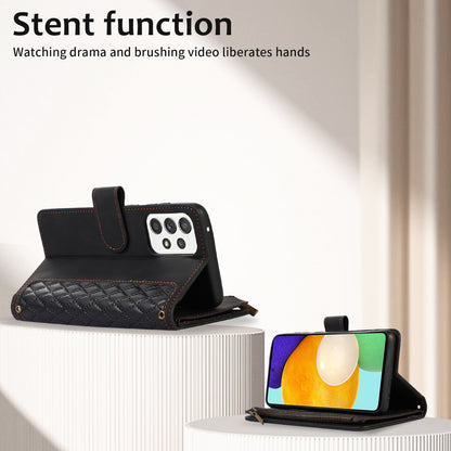 For Samsung Galaxy A32 4G (EU Version) Rhombus Imprint Zipper Pocket Wallet Phone Case Leather Card Holder Stand Cover