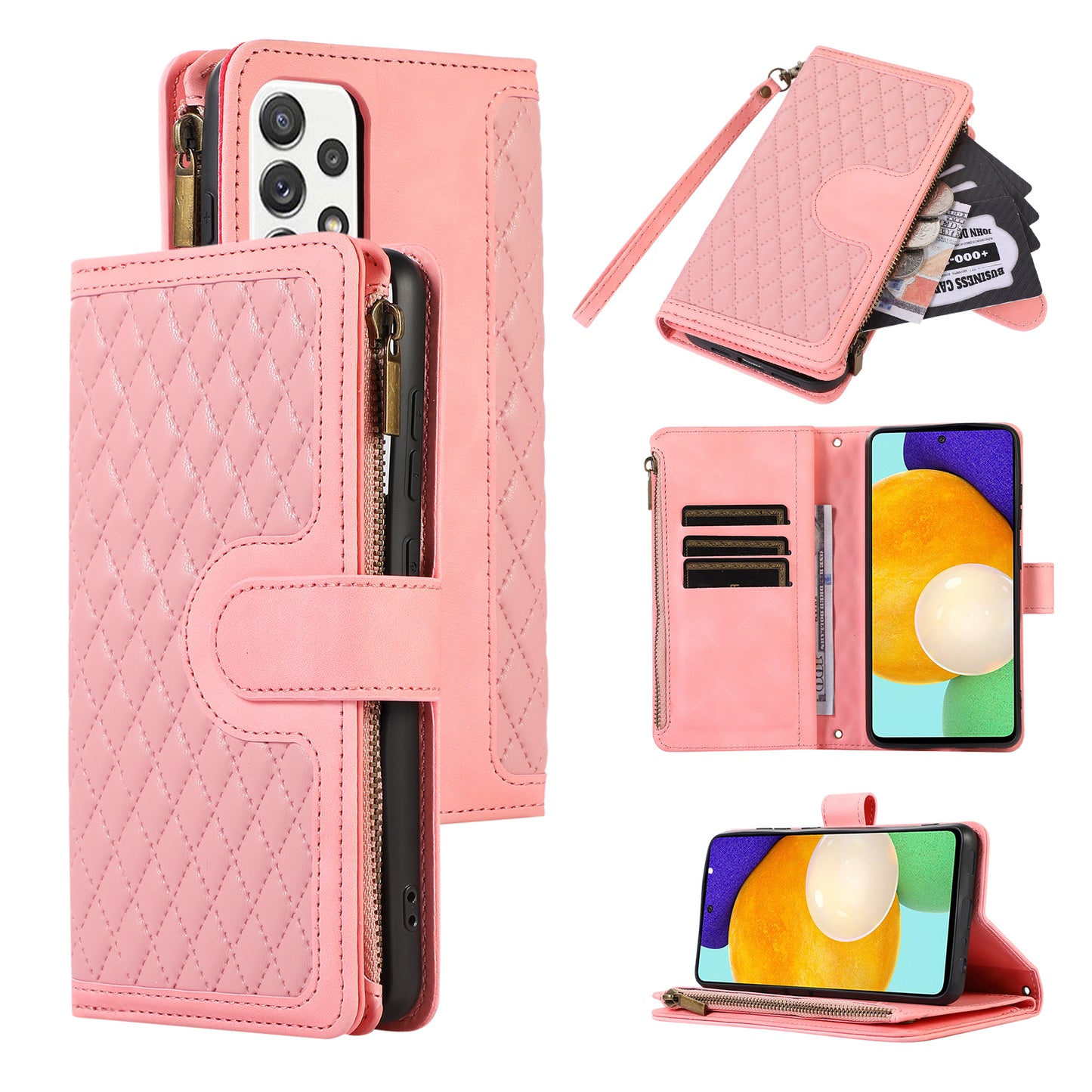 For Samsung Galaxy A32 4G (EU Version) Rhombus Imprint Zipper Pocket Wallet Phone Case Leather Card Holder Stand Cover