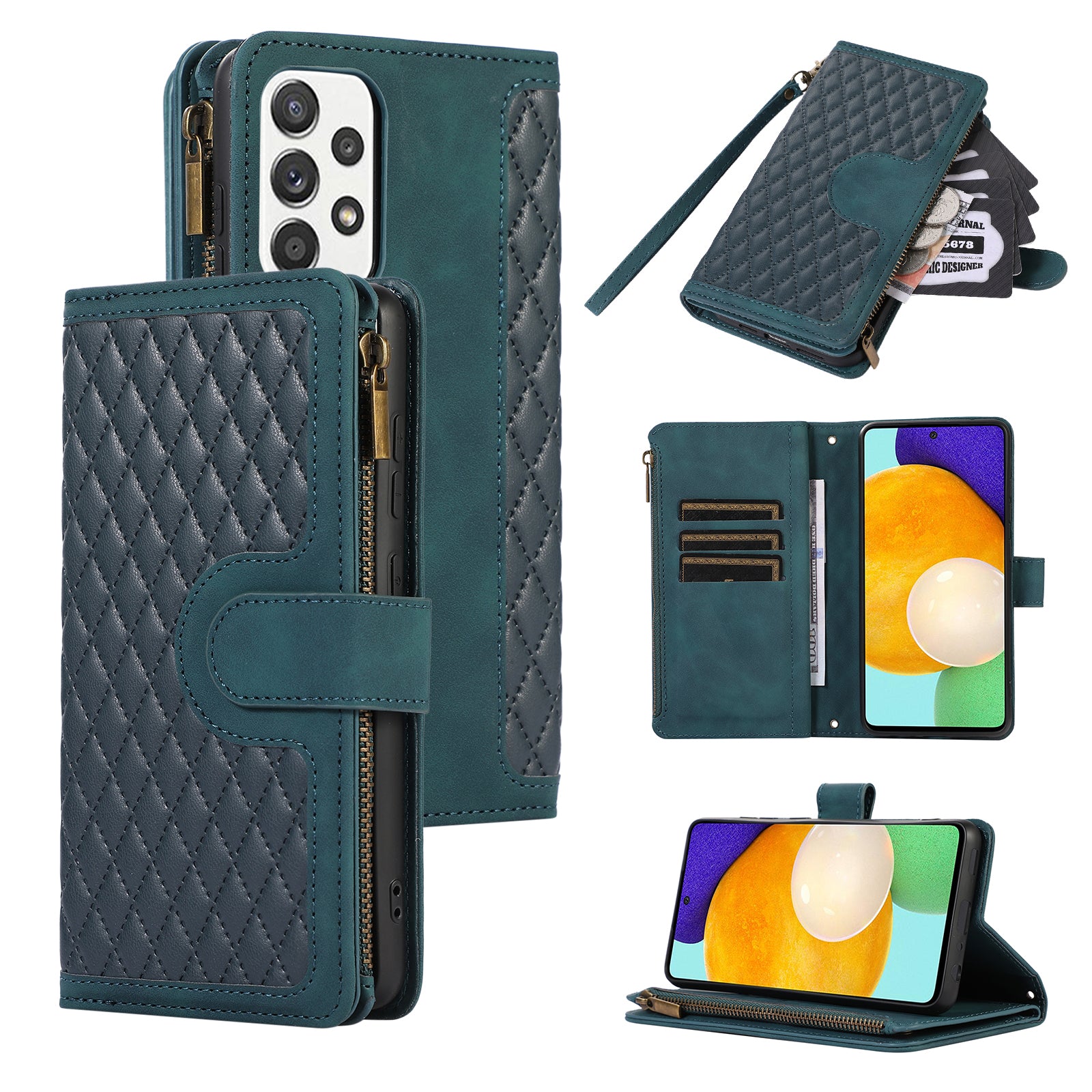 For Samsung Galaxy A32 4G (EU Version) Rhombus Imprint Zipper Pocket Wallet Phone Case Leather Card Holder Stand Cover
