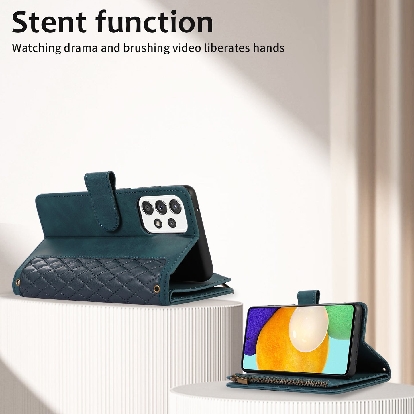 For Samsung Galaxy A32 4G (EU Version) Rhombus Imprint Zipper Pocket Wallet Phone Case Leather Card Holder Stand Cover