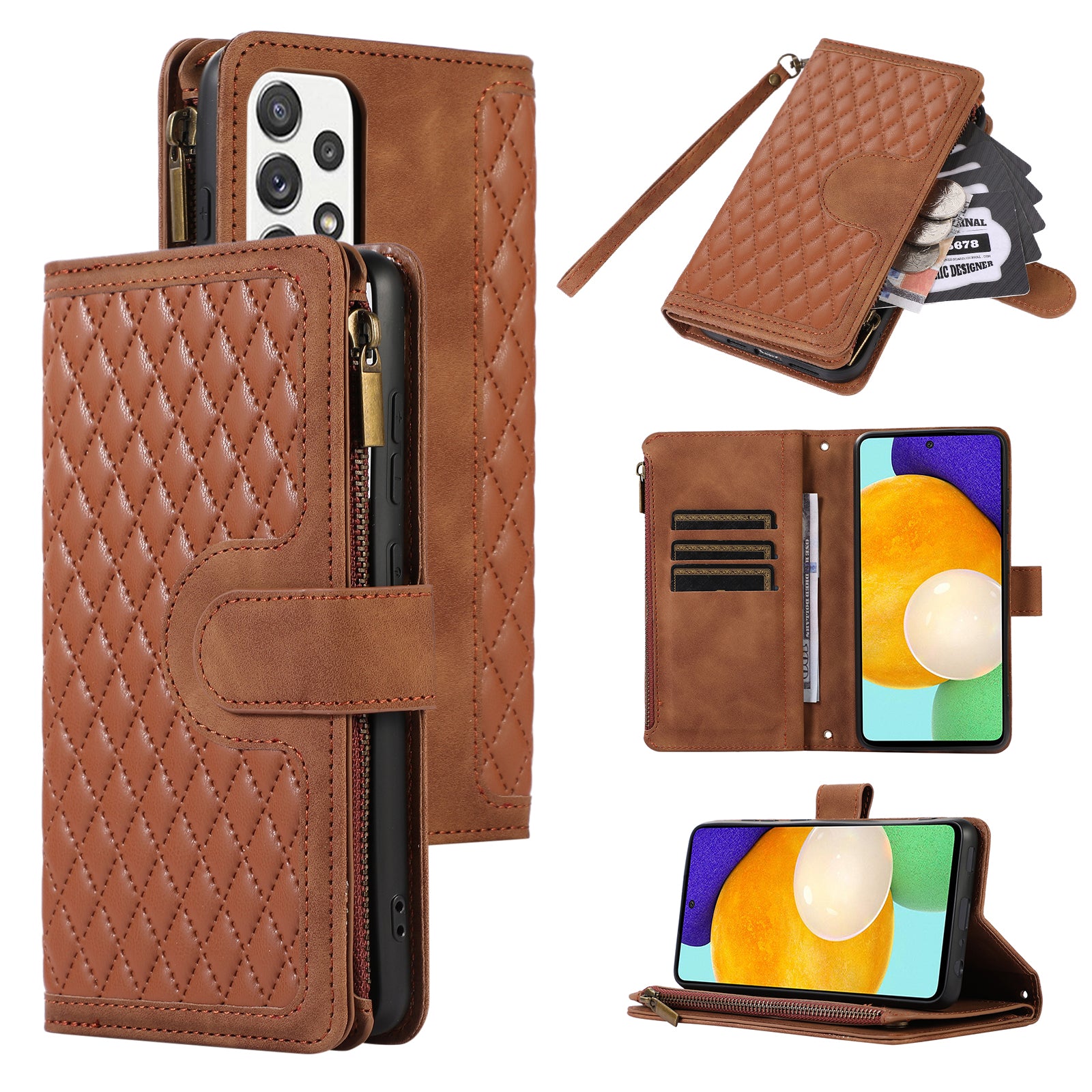 For Samsung Galaxy A32 4G (EU Version) Rhombus Imprint Zipper Pocket Wallet Phone Case Leather Card Holder Stand Cover